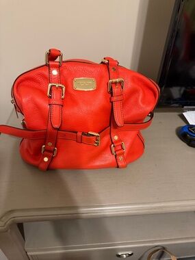 Michael Kors Orange-Red Leather Satchel with Gold Hardware